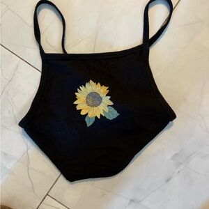 Black Crop Top with Sunflower Embroidery